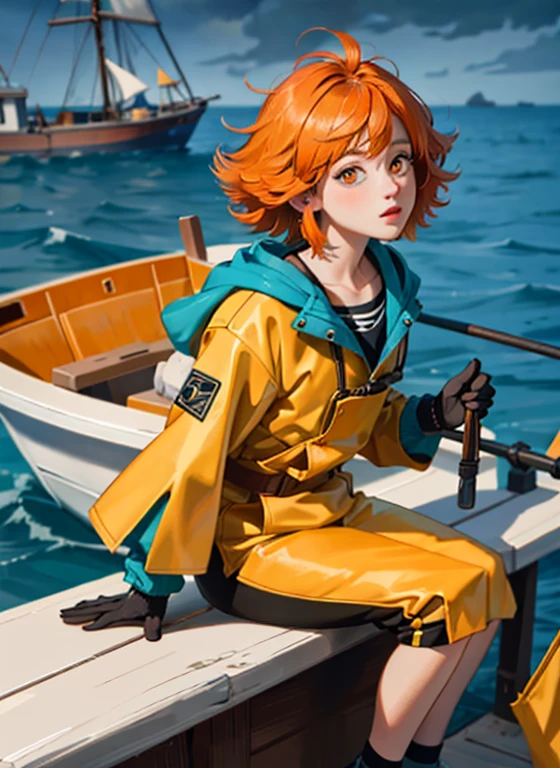 (Masterpiece:1.2), Best quality, Beautiful fisherman picture, Orange hair, 40 one, Wearing a yellow raincoat, (On a fishing boat:1.3), Dark clouds, Photoreal, Hyperreal, Excessive detail, analog style, Ready hip, Staid, Low cut, Detailed skin, Matte leather, Soft lighting, Subsurface dispersion, real, Heavy shadow, Masterpiece, Best quality, ultra real, 8K, Golden Ratio, complicated, High detail, Cinematography, Soft focus