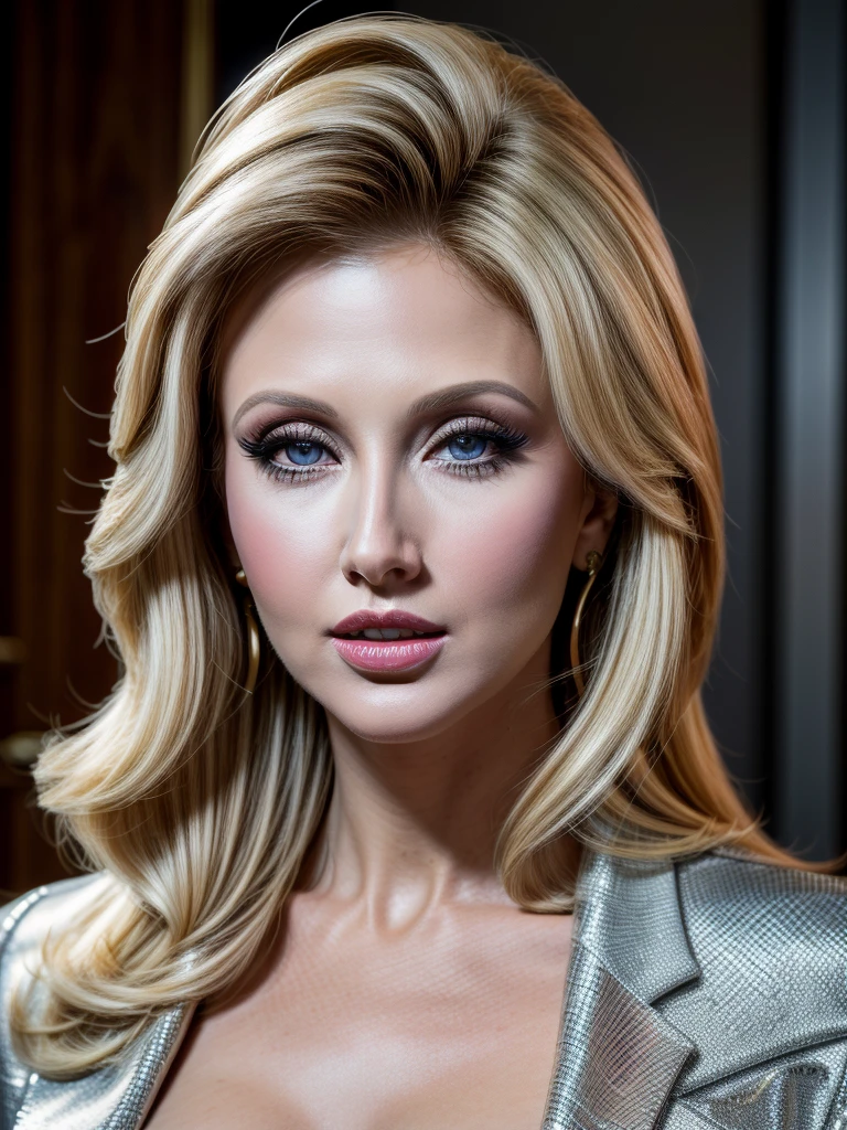 Masterpiece, an award winning portrait of (Morgan Fairchild)30 years old female beautiful business executive, ultra detailed face, ultra high detailed eyes, ultra realistic skin, (textured skin, skin pores, half body shot:1.1), tan skin,long blonde hair, hair over one eye, blue eyes, dark eyes, thin eyebrows, perfect teeth, red lipstick, seductive makeup, Armani luxury business suit, 32K, ultra high res.photorealistic, UHD, Leica SL2 + Leica Vario-Elmarit-SL 24-70 f/2.8 ASPH, RAW, sharp ,natural lighting, a corporate photography, top executive luxurious office in the background