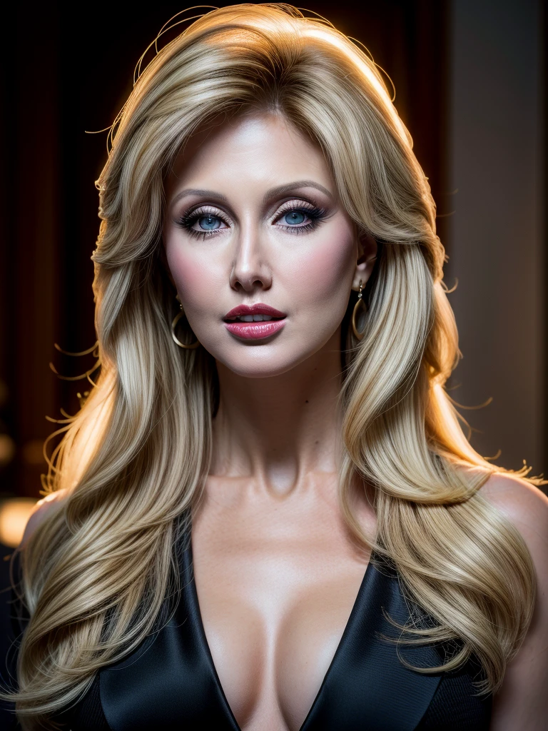 Masterpiece, an award winning portrait of (Morgan Fairchild)30 years old female beautiful business executive, ultra detailed face, ultra high detailed eyes, ultra realistic skin, (textured skin, skin pores, half body shot:1.1), tan skin,long blonde hair, hair over one eye, blue eyes, dark eyes, thin eyebrows, perfect teeth, red lipstick, seductive makeup, Armani luxury business suit, 32K, ultra high res.photorealistic, UHD, Leica SL2 + Leica Vario-Elmarit-SL 24-70 f/2.8 ASPH, RAW, sharp ,natural lighting, a corporate photography, top executive luxurious office in the background