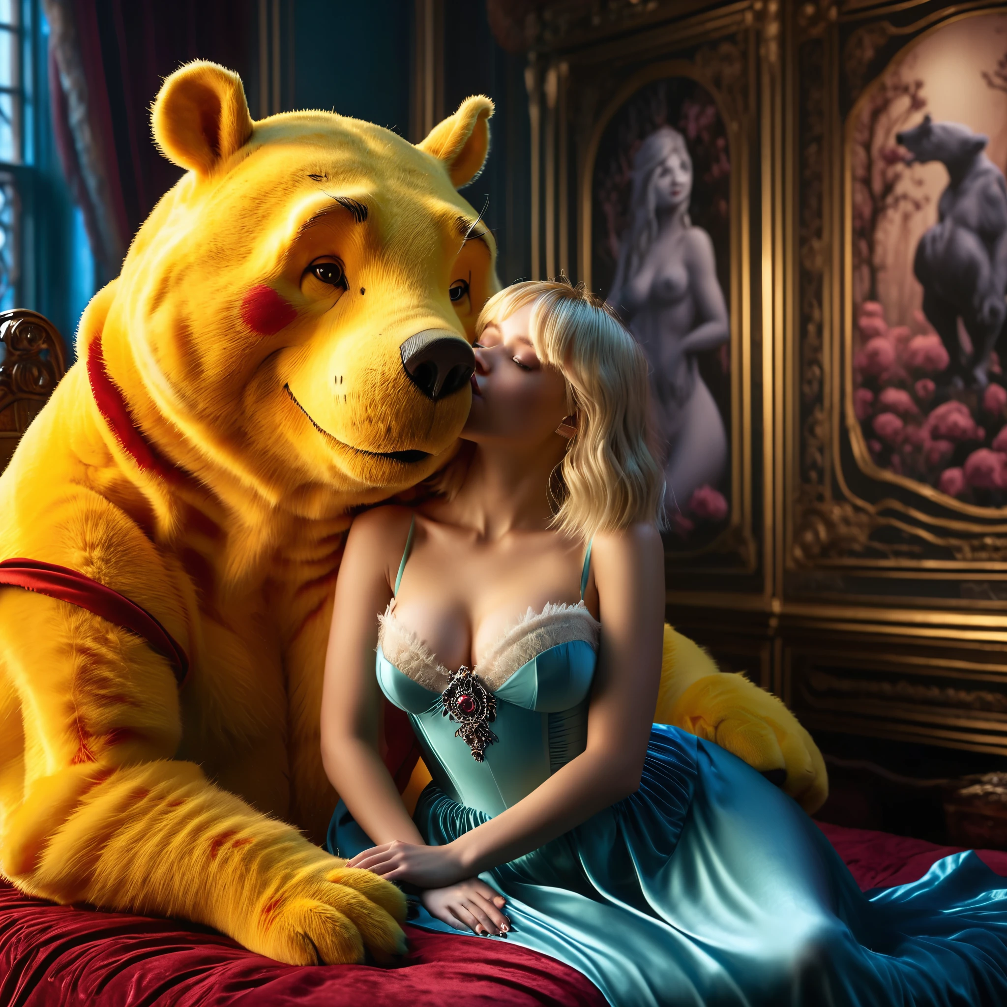 (masterpiece, 8K, UHD, RAW), A sexy blonde girl kissing a evil winnie the pooh in bed, (((a beautiful young woman riding on top of one huge horrific winnie the pooh))), (she rides the male winnie the pooh with lustful femininity), her beautiful body is covered by a sheer translucent white lace bra with Art Nouveau embroidery, big sexy perky breasts, her pristine delicate features contrasts with the horrendous menacing fangs of the corrupted male winnie the pooh, full body vibrant illustrations, intricately sculpted, realistic hyper-detailed portraits, queencore, depicts real life, the scene happens in a luxurious Art Nouveau boudoir with studio illumination, red and teal silk satin