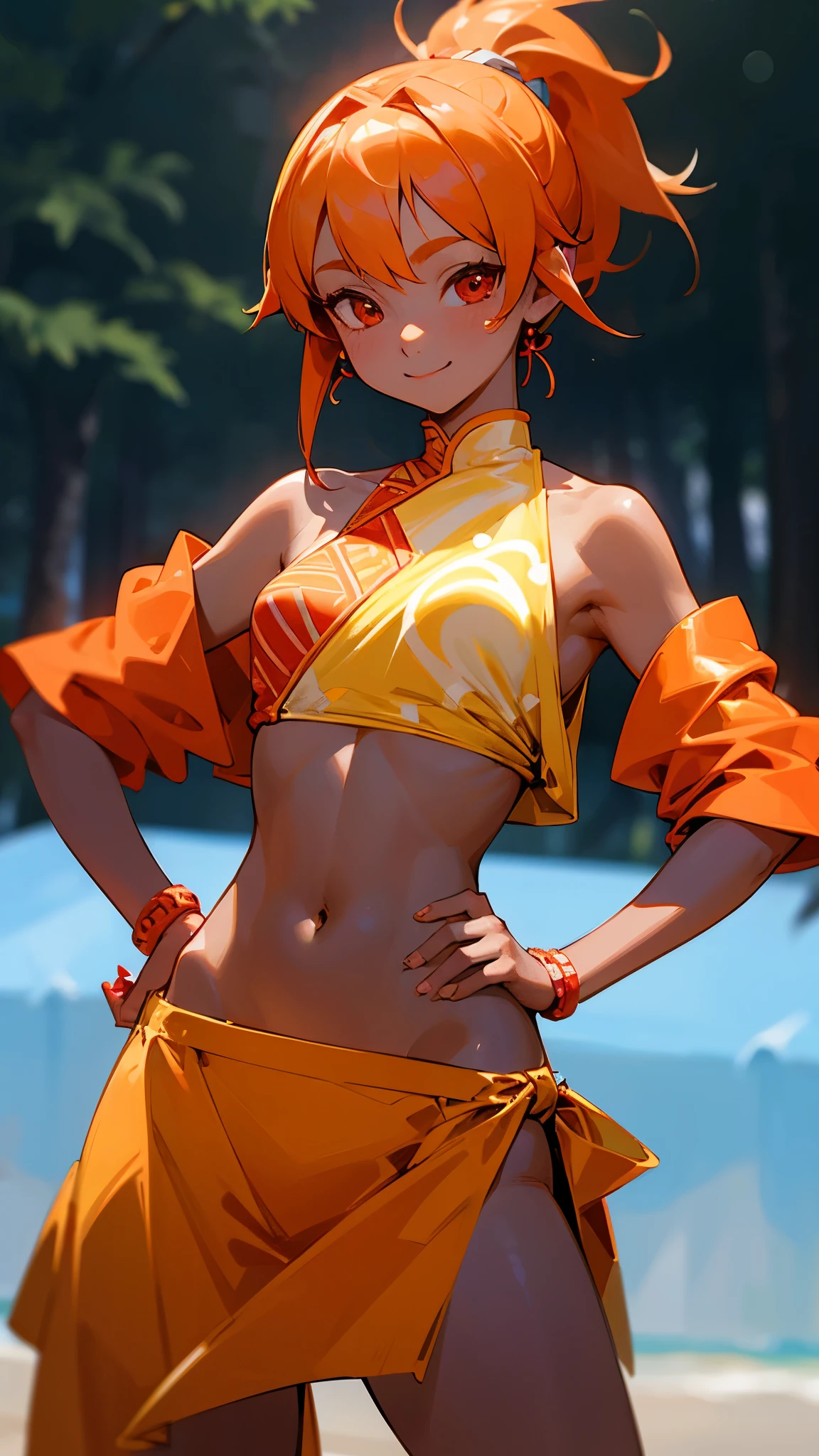 1 Girl、8K、Sharp focus、(Bokeh) (Highest quality) (Detailed skin:1.3) (Intricate details) (anime)、Orange Hair、ponytail、Beautiful red eyes、18-year-old、(Please put your hands on your hips)、chest、Slim figure、bikini、A pareo skirt with bold ethnic patterns and plenty of primary colors、Realistic Skin、Shiny skin, Sunburned skin、Cowboy Shot、Side body、smile、smile、Park in the background、Soft lighting