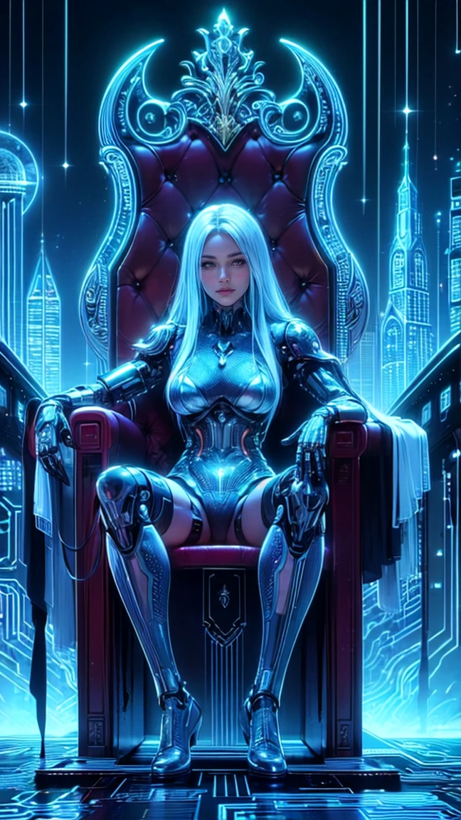 top quality, future world, State-of-the-art robot, Beautiful Woman, flying hair, (Transformed into a cyborg except for the face), sexy images, whole body photo, (((sit on giant throne))), (spread legs)
