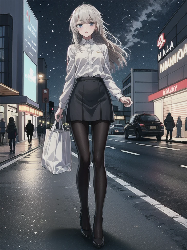 1girl, solo, female, ak-74m, white shirt, standing, full body shot's, blue skirt, outdoor, night, 4k, bokeh, pantyhose, carying a bag, mature woman, a date, one bag, high heels