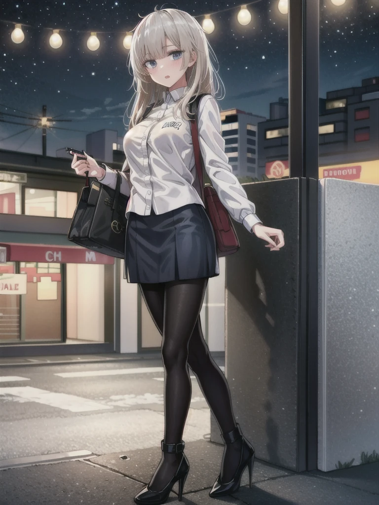1girl, solo, female, ak-74m, white shirt, standing, full body shot's, blue skirt, outdoor, night, 4k, bokeh, pantyhose, carying a bag, mature woman, a date, one bag, high heels