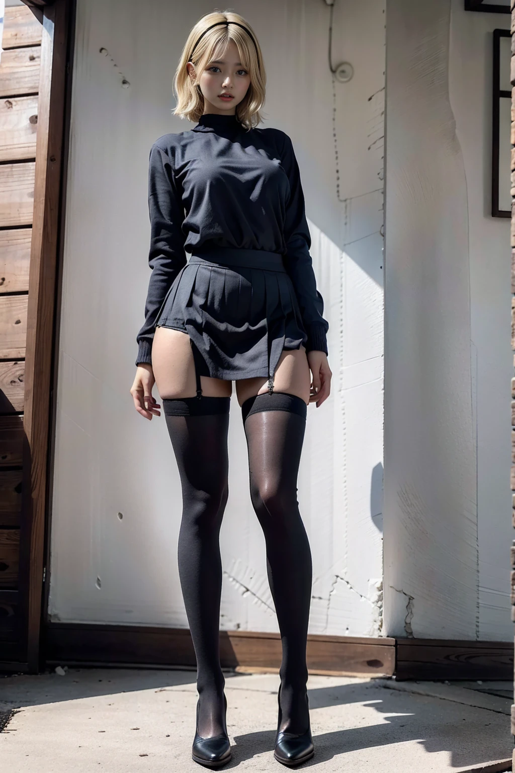 Japanese blonde hair, blonde hair, short hair, hairband, glaring, furrowed brow, makeup, grimace, scowl, Surrealism, first-person view, first-person view, Wide-Angle, uhd, anatomically correct, super detail, 16K, 
Ultra-high resolution, Realistic, Very detailed, Golden Ratio, Highest quality, Standing full body shot, (Promotional photo shoot), (standing), (Two beautiful secretaries with model figures), Beautiful Face, (Realisticな face), (Blonde short cut:1.3), Realisticな目, Pretty pretty eyes, Realisticな skin, Beautiful Skin, Plump body line, Anatomically correct body, (wide thighs), (Very long legs), (I always wear black stockings:1.3), Fully clothed, Dark blue OL suit, Micro Mini Skirt, (The skirt is very short:1.2), (Very long legs:1.4), (very wide thighs:1.3), (彼女はI always wear black stockings:1.4), (Wearing brown platform high heels), Accurate high heels, 