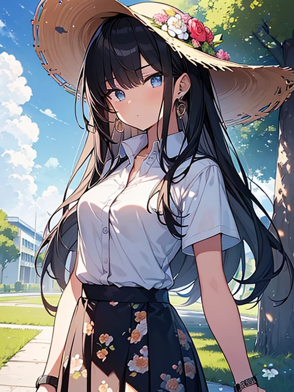 ((Highest quality)), ((masterpiece)), (detailed), Perfect Face, Perfect Arms, anime, Ultra-fine illustration, ((1 person)), 20-year-old female college student, Long Black Hair, ((Shirt with white collar)), Tucked in shirt, (Floral flared skirt:1.2), Earrings, watch, (Standing in the shade on a university campus:1.3), summer, noon, blue sky, Cowboy Shot,