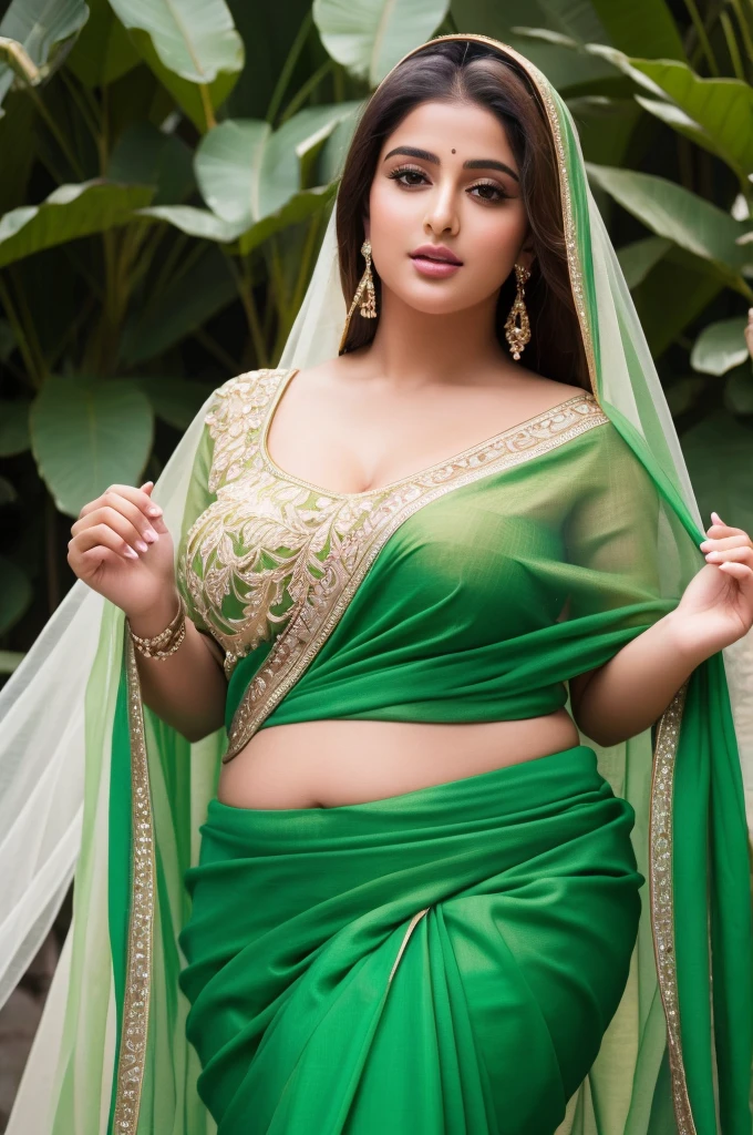 1 Heavenly beautiful and goddess beauty cute and sweet looking face Arabian woman in front of green leaf, Heavenly beautiful Overweight, Heavenly beautiful Extremely fat, Heavenly beautiful and attractive Chubby figure , Heavenly beautiful looking and eye catching luxury style saree , reaching out, Heavenly beautiful Arabian woman, 16k, High resolution, masterpiece, highest quality, fine skin, close up figure view, Realistic Photograph