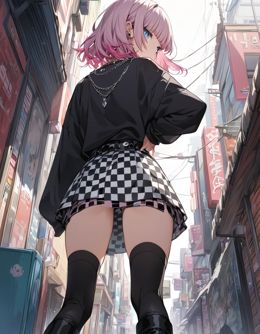 masterpiece, best quality, ultra-detailed, 1girl, pink hair, short hair, ((blunt bangs)), ped hair, (jitome), blue eyes, Medium chest、slim、Cowboy Shot、looking around 、Street Corner、BREAK, (visual-kei, v-Kei:1.0), (black (oversized baggy:1.2) long sleeve t-shirt:1.2) with a (tattered elongated long sleeve), (tucked out:1.4),BREAK, (black knee-high:1.5), ( baggy boots), (black checkered mini skirt:1.5), (many silver accessories, necklaces:1.2), ((from behind:1.3)), from below