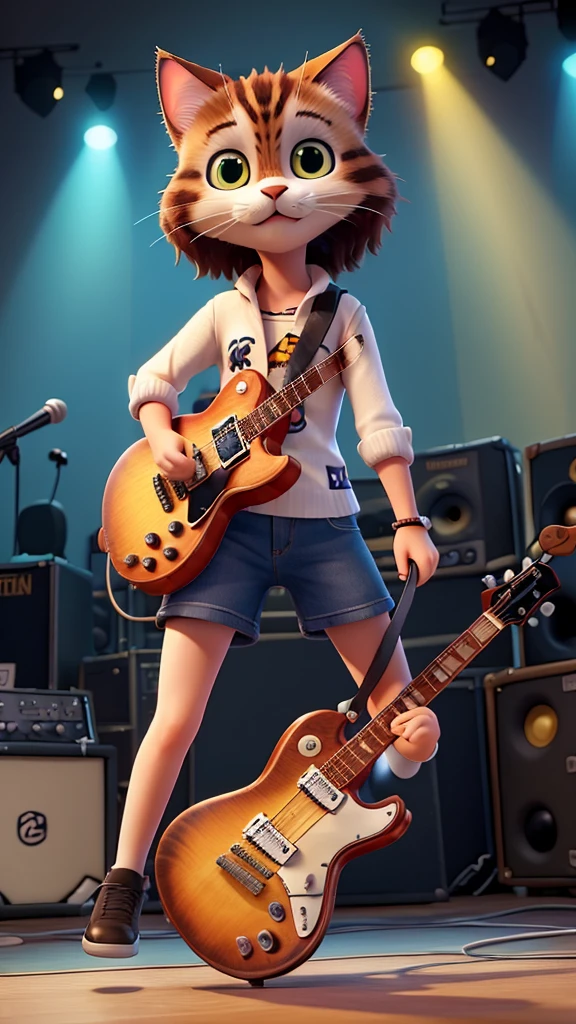 “Create a high-resolution, detailed image of a rock guitarist cat. The cat should have a cute and unique style, holding a guitar pick and playing an electric guitar. The scene is a lively concert with a large, enthusiastic audience in the background. The stage is illuminated with colorful lights, and the cat is in the spotlight, embodying the charisma and energy of a rock star.”