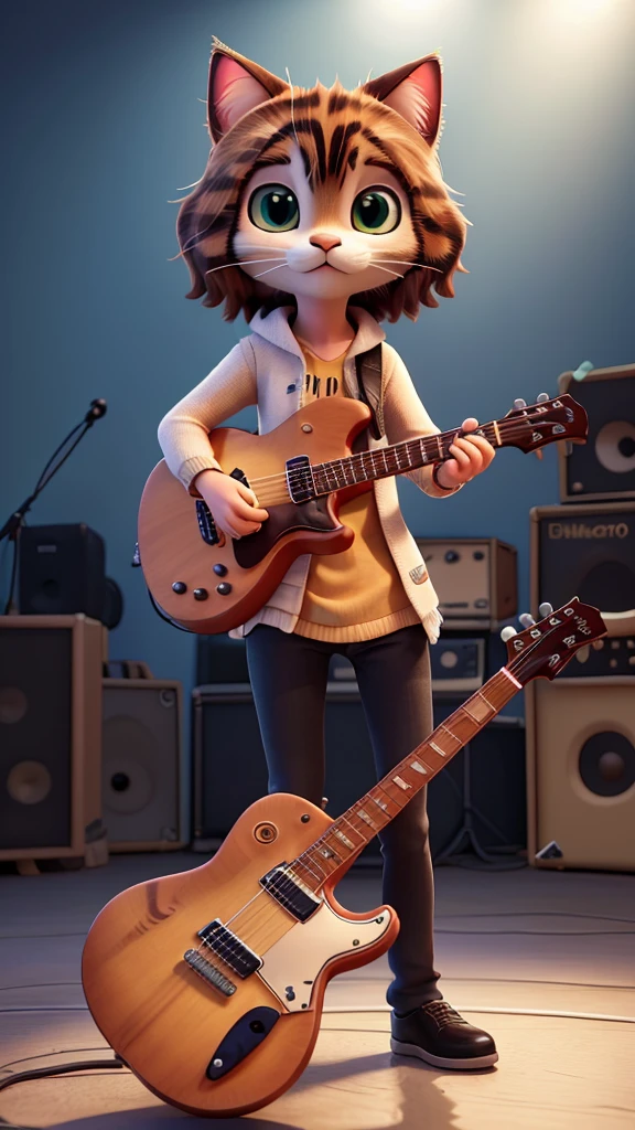 “Create a high-resolution, detailed image of a rock guitarist cat. The cat should have a cute and unique style, holding a guitar pick and playing an electric guitar. The scene is a lively concert with a large, enthusiastic audience in the background. The stage is illuminated with colorful lights, and the cat is in the spotlight, embodying the charisma and energy of a rock star.”