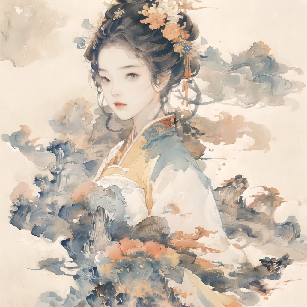 (((A girl)))On the Sky Bridge,(background:1.4),(illustration:1.1),(best quality),(masterpiece:1.1),(Extremely detailed CG unity 8k wallpaper:1.1), (rich and colorful:0.9),(Panorama:1.4),(Solitary:1.2), (Ink splash),(Splash of Color),((watercolor)), Sharp focus,((Classical Chinese architecture )),夜晚background,outdoor