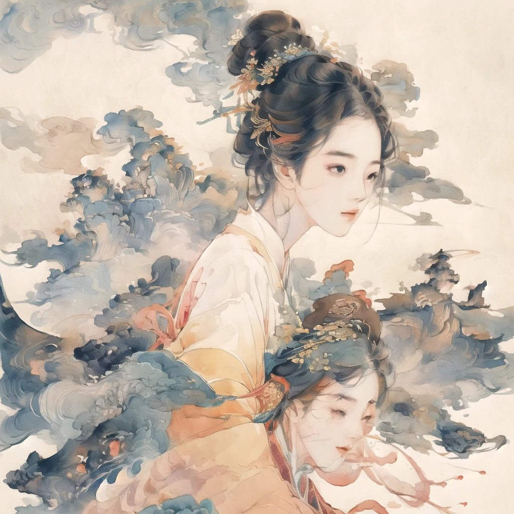 (((A girl)))On the Sky Bridge,(background:1.4),(illustration:1.1),(best quality),(masterpiece:1.1),(Extremely detailed CG unity 8k wallpaper:1.1), (rich and colorful:0.9),(Panorama:1.4),(Solitary:1.2), (Ink splash),(Splash of Color),((watercolor)), Sharp focus,((Classical Chinese architecture )),夜晚background,outdoor