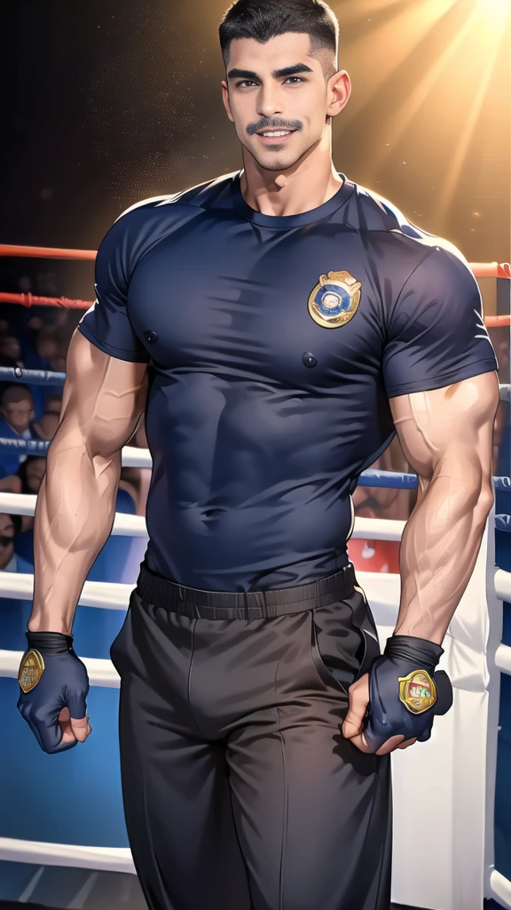 (handsome Man),(Thin mustache:1.1),(crew cut short hair:1.5),black eye,
(navy blue tight-fitting round neck short sleeve T-shirt:1.3),(Police badge:1.3),navy blue cargo pants,(navy_gloves:1,3),(navy_backpack:1.3),(sunglasses:1.3),
Korean guy,chest muscles,large arm muscles,blood vessel,Big muscles,Broad shoulders,(open mouth:1.2),(face up:1.2),(open eyes:1.5),middle of the road,smile,(boxing ring:1.4),