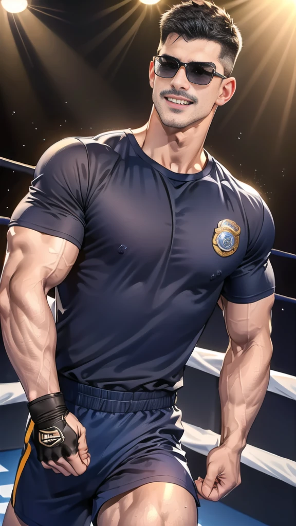 (handsome Man),(Thin mustache:1.1),(crew cut short hair:1.5),black eye,
(navy blue tight-fitting round neck short sleeve T-shirt:1.3),(Police badge:1.3),navy blue cargo pants,(navy_gloves:1,3),(navy_backpack:1.3),(sunglasses:1.3),
Korean guy,chest muscles,large arm muscles,blood vessel,Big muscles,Broad shoulders,(open mouth:1.2),(face up:1.2),(open eyes:1.5),middle of the road,smile,(boxing ring:1.4),