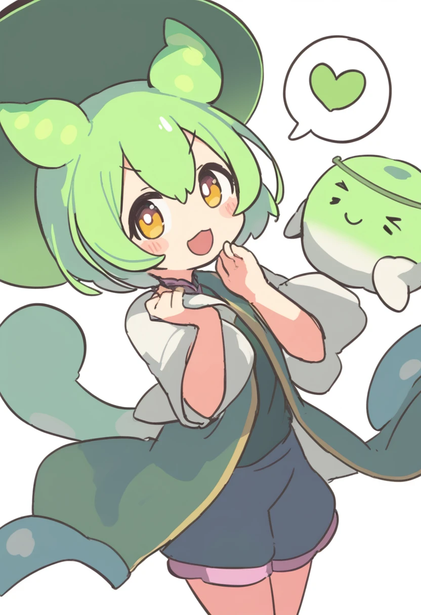 One girl,Zundamon,Voice Box ,Green Hair, Funny smile,Simple white background、No text,