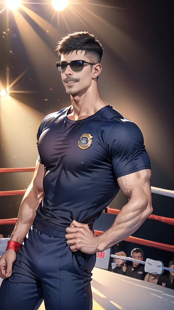 (handsome Man),(Thin mustache:1.1),(crew cut short hair:1.5),black eye,
(navy blue tight-fitting round neck short sleeve T-shirt:1.3),(Police badge:1.3),navy blue cargo pants,(navy_gloves:1,3),(navy_backpack:1.3),(sunglasses:1.3),
Korean guy,chest muscles,large arm muscles,blood vessel,Big muscles,Broad shoulders,(open mouth:1.2),(face up:1.2),(open eyes:1.5),middle of the road,smile,(boxing ring:1.4),