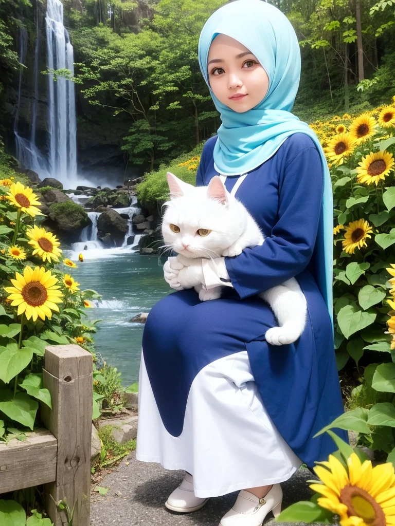 a beautiful Indonesia woman wearing a hijab, long blue Muslim clothing with a picture of a helo kitty cartoon, white shoes and white gloves, hugging a very cute helo kitty cartoon with a very beautiful sunflower garden background 🌻🌻 behind which there is a waterfall