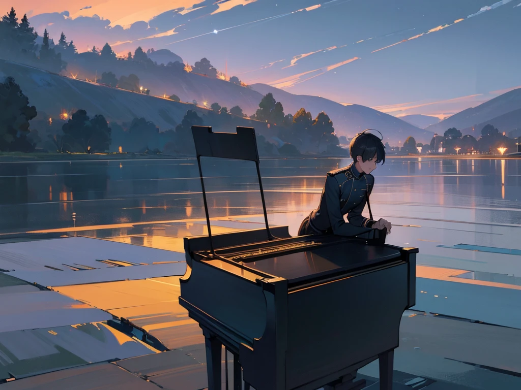 Landscape painting,The boy is playing the piano while looking up at the
sky,Masterpiece of a boy in uniform playing the piano, immersed in a peaceful night scene, 4K high-definition digital art, with ultra-detailed digital paintings, capturing every texture and nuance in 4K, Beautiful art UHD 4K, showcasing great art style and dreamy digital painting, calm night setting, intuitive details, anime art wallpaper enhancing your space, 1 boy, lost in his music, highly detailed digital painting, 4K high-definition, intricately rendered uniform, sitting on the breakwater, watching the tranquil water, great lighting complementing the scene, 4K detailed digital art, highly detailed digital painting, capturing every emotion and