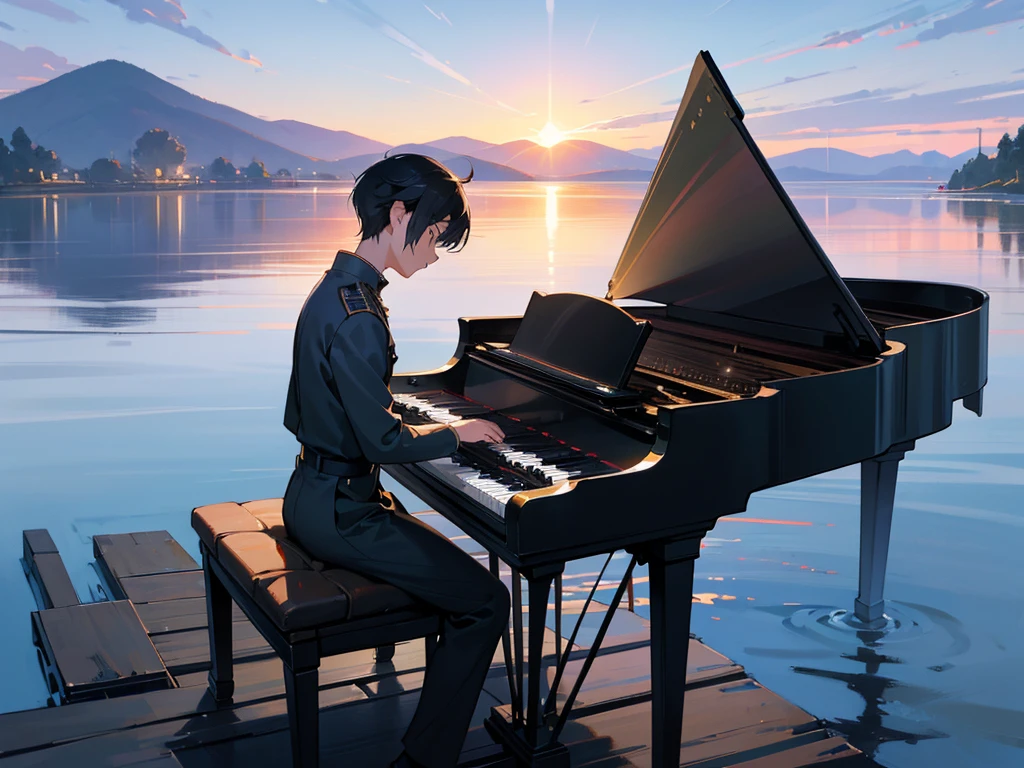 Landscape painting,The boy is playing the piano while looking up at the
sky,Masterpiece of a boy in uniform playing the piano, immersed in a peaceful night scene, 4K high-definition digital art, with ultra-detailed digital paintings, capturing every texture and nuance in 4K, Beautiful art UHD 4K, showcasing great art style and dreamy digital painting, calm night setting, intuitive details, anime art wallpaper enhancing your space, 1 boy, lost in his music, highly detailed digital painting, 4K high-definition, intricately rendered uniform, sitting on the breakwater, watching the tranquil water, great lighting complementing the scene, 4K detailed digital art, highly detailed digital painting, capturing every emotion and