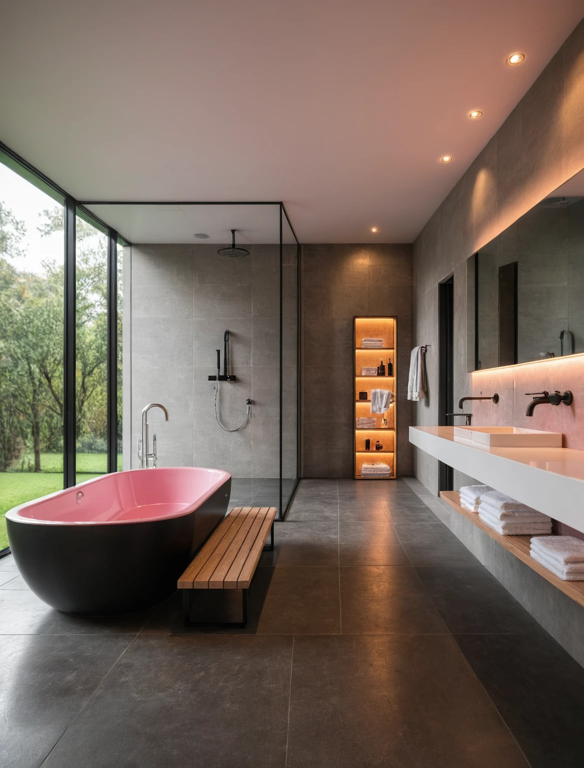 Raw photo,Masterpiece, high quality, best quality, authentic, super detail, interior, indoors, ((bathroom style modern luxury)), sunset, day light, window , overlooking the garden, ((black and pink tones)), bathtub, faucet, shower, lavatory, glass wall, towels, bottles, mirror,