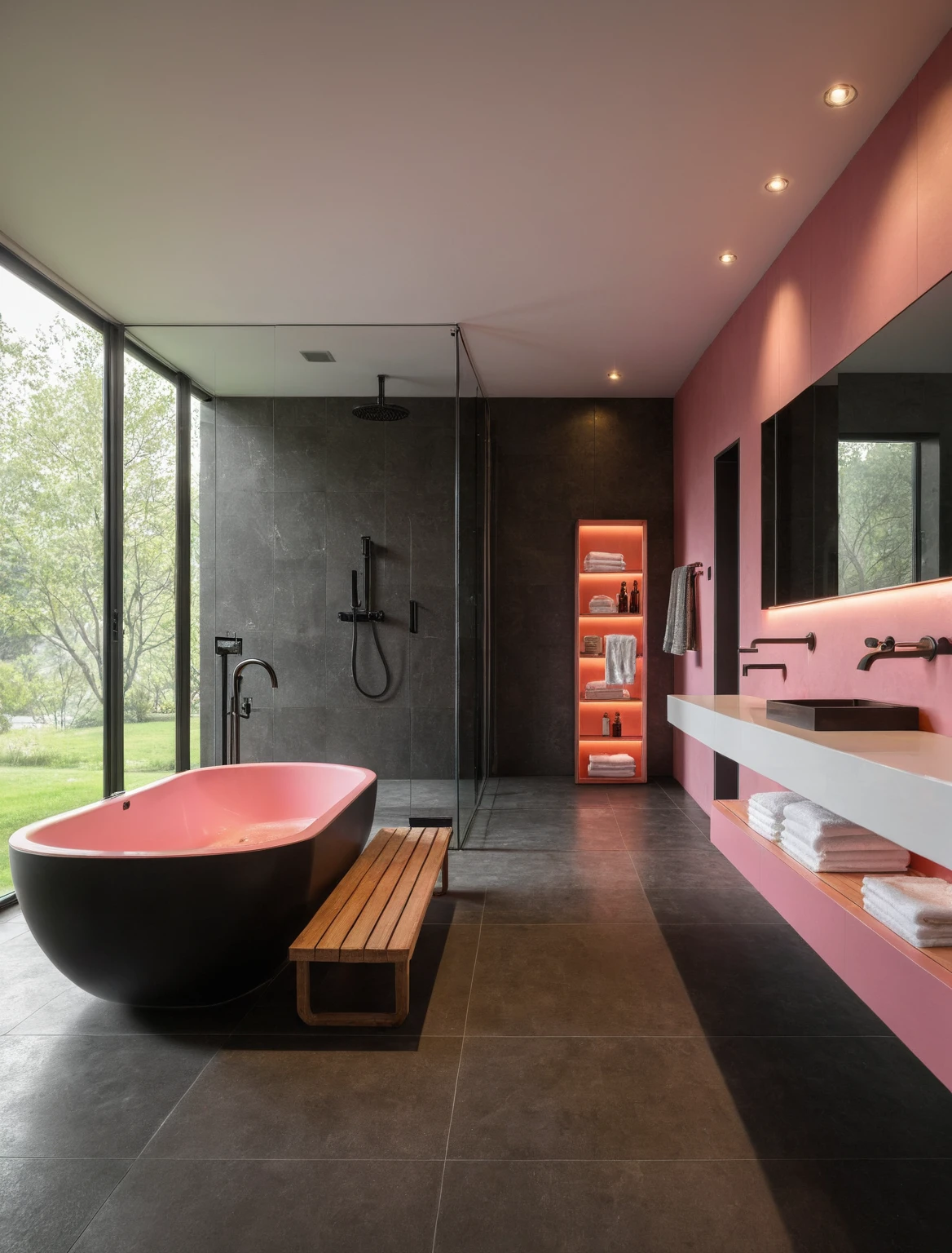 Raw photo,Masterpiece, high quality, best quality, authentic, super detail, interior, indoors, ((bathroom style modern luxury)), sunset, day light, window , overlooking the garden, ((black and pink tones)), bathtub, faucet, shower, lavatory, glass wall, towels, bottles, mirror, 