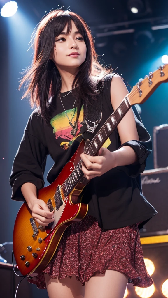 “Create a high-resolution, detailed image of a rock guitarist cat. The cat should have a cute and unique style, holding a guitar pick and playing an electric guitar. The scene is a lively concert with a large, enthusiastic audience in the background. The stage is illuminated with colorful lights, and the cat is in the spotlight, embodying the charisma and energy of a rock star.”