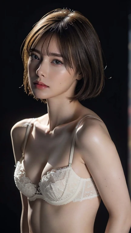 One girl, woman, Slender figure,The whole body is visible,masterpiece, Short Bob,Highest quality, Highest quality, Cinema Lighting, (Volumetric lighting), Very detailed CG unity 8k wallpaper, Concentration, 8k wallpaper, Very detailed, Ultra-realistic, Realistic, Sharp focus, Absurd, (High resolution:1.2), (High Contrast), photograph, Detailed and complex, Instagram, Portraiture, Very detailed, Digital Painting, Art Station, Concept Art, Smooth, Sharp focus, figure, Cinema Lighting, Small breasts, (Wearing a bra) ,sexy bra,thin fabric bra, Judging the beholder, Ultra-realistic,Medium Shoulder.
