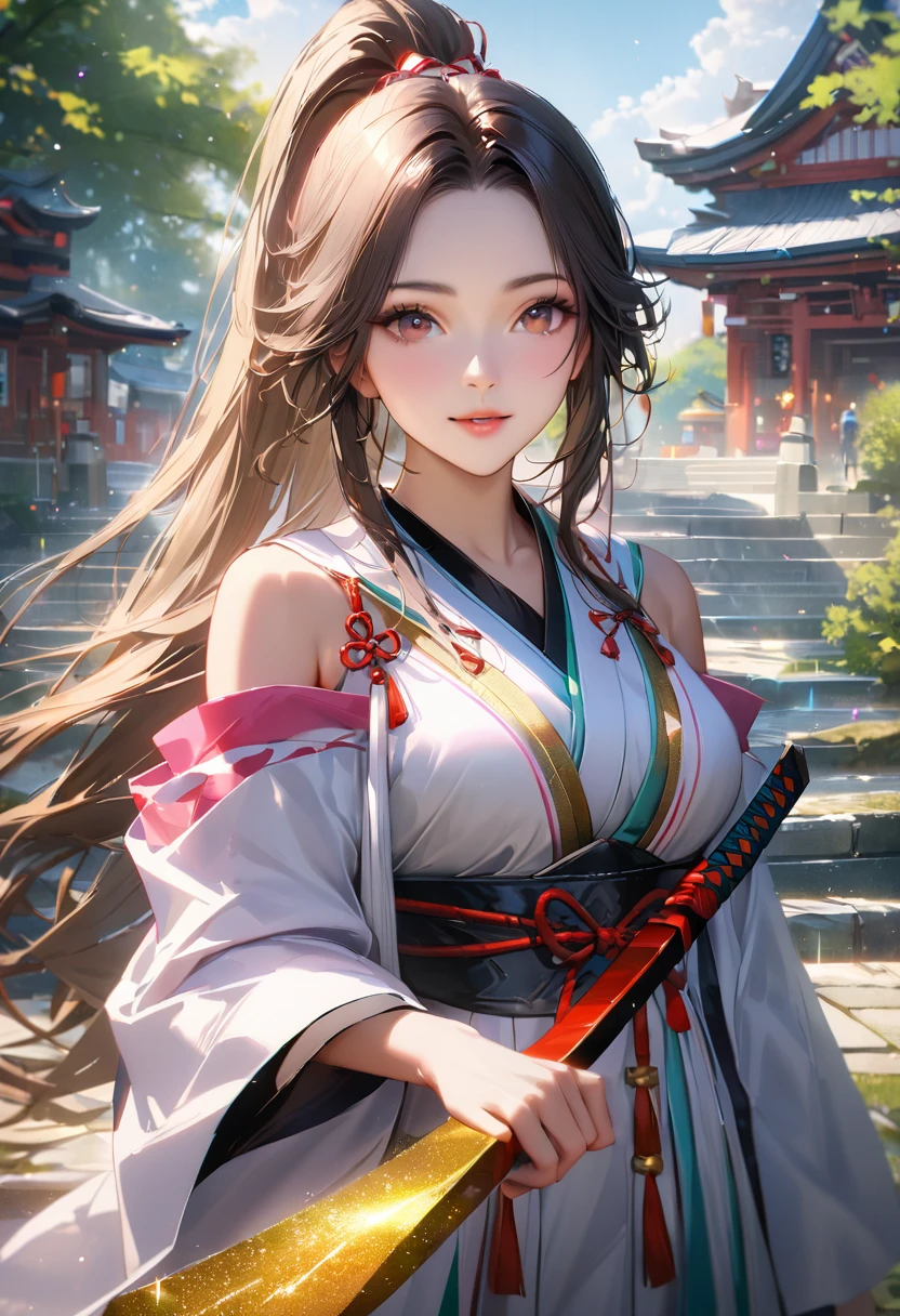 Shrine grounds, Clear sky with white clouds, Shrine maiden, Blur the background,young woman,ponytail,Holding a Japanese sword,Glitter effect,Highest quality, 8K, High resolution, masterpiece:1.2, Very detailed, Realistic:1.37, High resolution, 超High resolution, Ultra-fine painting, Very detailed, Professional, Vibrant colors