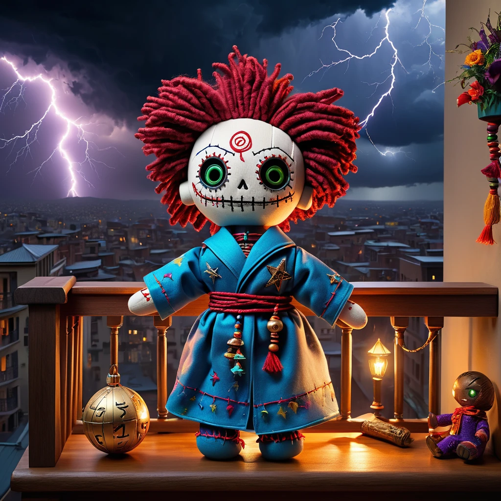 (knitted toy voodoo doll:1.7), (Voodoo Weather Conjurer on Balcony:1.3), (Clothing: flowing robe with weather patterns, mystical anklets:1.0), (Accessories: enchanted staff with weather symbols, floating weather globe, mystical wind chimes:1.2), (background: balcony overlooking a city with magical storm clouds, glowing lightning, and floating raindrops:1.2), best quality, masterpiece, detailed soft oil painting, detailed background, dramatic cinematic lighting, soft edge lighting, professional, dramatic lighting, hard edge lighting, ultra quality, 4k,masterpiece, best quality, 8k, ultra highres, highres, extremely detailed