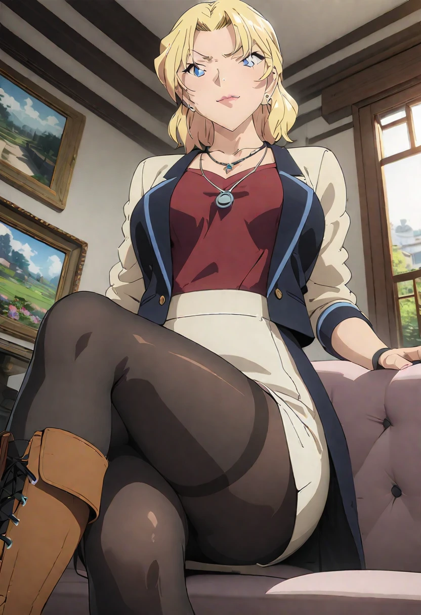 (masterpiece, best quality:1.2), ((Extremely detailed)), high resolution, Anime style , photo, photography, Detailed background,1. Beautiful woman Lei Dianming, (Pantyhose), boots,Cowboy shooting, Looking at the audience,A faint smile, earrings, skirt, Necklace, Vest, Cross your legs, From below, On the sofa, Windows, living room,Anime style，blond