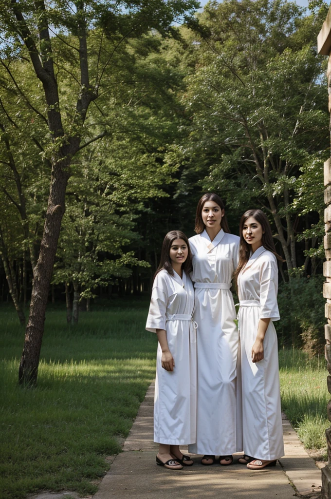 best quality, masterpiece, highres,3girls,Beautiful face,full body,chinese clothes,white Taoist robes,right hand hold sword with (Gorgeous ornamentation),peach trees,
