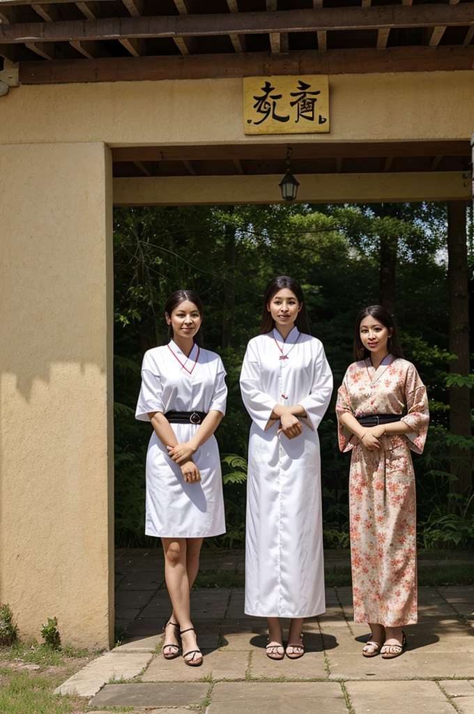 best quality, masterpiece, highres,3girls,Beautiful face,full body,chinese clothes,white Taoist robes,right hand hold sword with (Gorgeous ornamentation),peach trees,