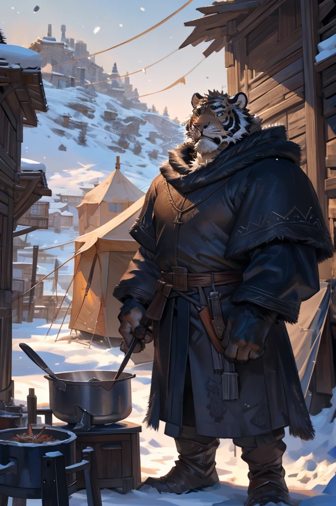 By Taran Fiddler, One man, furry, anthropomorphic snow tiger, male, older male, muscular, white and black fur, stern face, medieval clothing, wearing light brown cloak, wearing satchel, standing up, arms crossed, cooking pot nearby, snow background, tent settlement background, silhouettes in background
