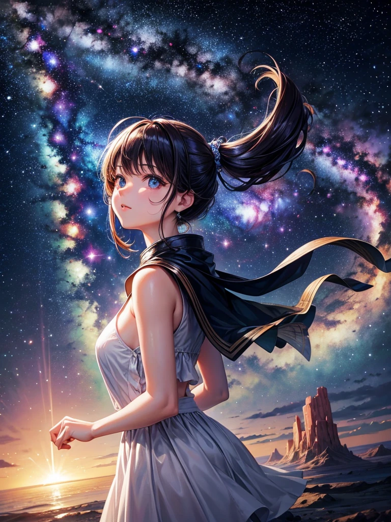 Highest quality,Highest Resolution,universe,Beautiful girl from the future,Earth in the background,Milky Way,
