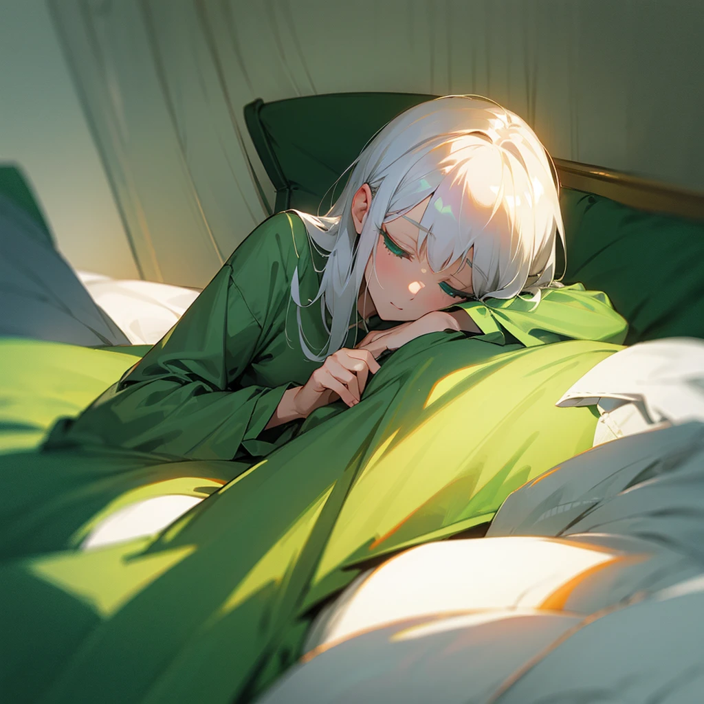 tall,Bedroom,bed,Fair skin,green pajamas,White Hair,Dozing off,indirect lighting