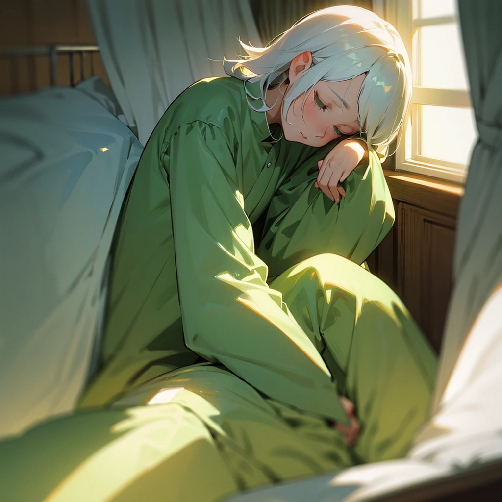 tall,Bedroom,bed,Fair skin,green pajamas,White Hair,Dozing off,indirect lighting