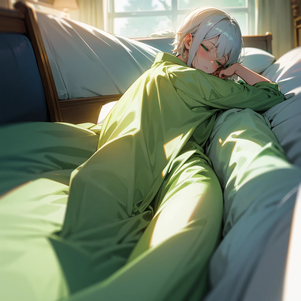 tall,Bedroom,bed,Fair skin,green pajamas,White Hair,Dozing off,indirect lighting