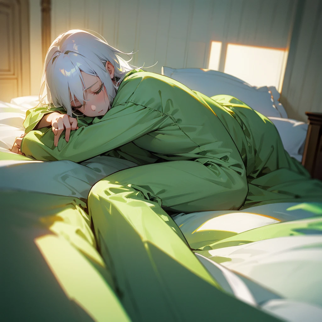 tall,Bedroom,bed,Fair skin,green pajamas,White Hair,Dozing off,indirect lighting
