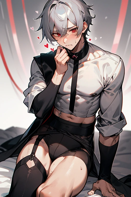male、Gray Hair、Gray Hair、short hair、Red Eye、冷血なmale、good looking、Cold Face、Well-formed face、Well-built、painful、blush、Sweat、Hard look、Hearts in the eyes、Painful voice、sexy、sexyな服装、Belly out、Knee Up、garter belt、