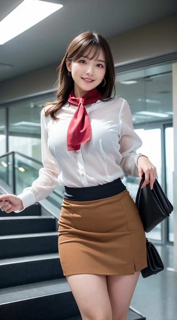 (8K, best quality, masterpiece:1.2), (realistic, photo-realistic:1.37), (high color saturation:1.0), (highly detailed skin), (highest quality:1.0), (ultra high resolution:1.0) ,(realistic:1.0), (Super detailed:1.0), (8K, Raw photo:1.1)、standing random pose, smiling, natural breast, perfect lighting, 22years old, (mysterious), clear and detailed, ((japaniese_office_uniform, tight skirt, sexy_blouse, flight attendant_neck scarf)), (indoor office, escalator), surprised face, looking at back viewer, low angle photo, (the shorts are showing under her skirt), nsfw,