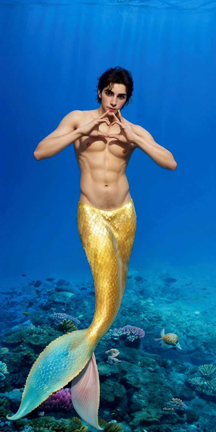 arafed man in a mermaid tail making a heart with his hands, emma watson as a mermaid, ariana grande as a mermaid, kristen bell as a mermaid, emma watson as sea mermaid, mermaid tail, mermaid body, mermaid, merfolk riding seahorses, inspired by Adam Dario Keel, inspired by David LaChapelle, david la chapelle, diego koi