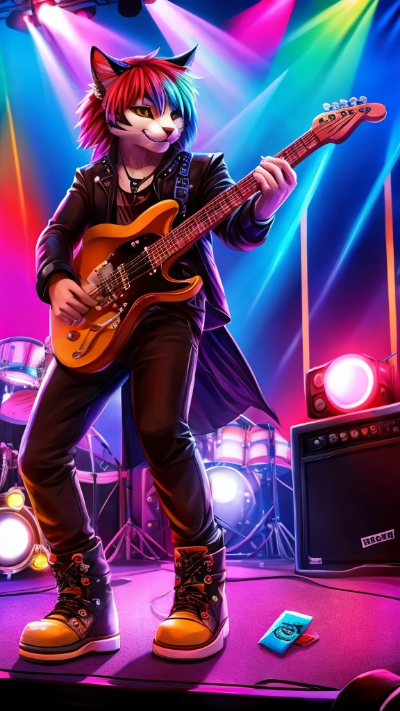 “Create a high-resolution, detailed image of a rock guitarist cat. The cat should have a cute and unique style, holding a guitar pick and playing an electric guitar. The scene is a lively concert with a large, enthusiastic audience in the background. The stage is illuminated with colorful lights, and the cat is in the spotlight, embodying the charisma and energy of a rock star.”