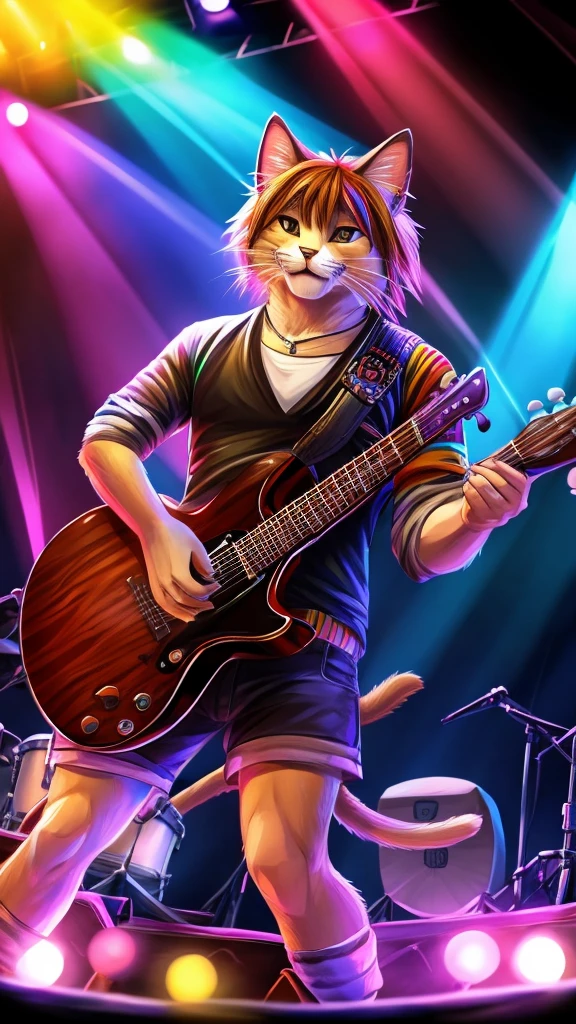 “Create a high-resolution, detailed image of a rock guitarist cat. The cat should have a cute and unique style, holding a guitar pick and playing an electric guitar. The scene is a lively concert with a large, enthusiastic audience in the background. The stage is illuminated with colorful lights, and the cat is in the spotlight, embodying the charisma and energy of a rock star.”