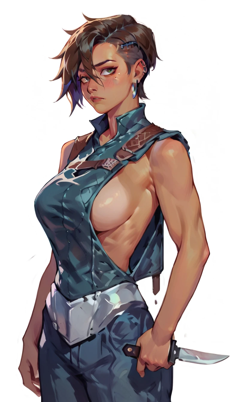 score_9, score_8_up, score_7_up, 1girl, smudgy, traditional art, liu2, brush texture, big breasts, brown skin, facing viewer, virgin killer armored vest, side boob, white background, ear piece for communication, shy, one hand on hips, exposed sides, hand knife in her hand one hand down straight while holding knife ,tomboy hair cut