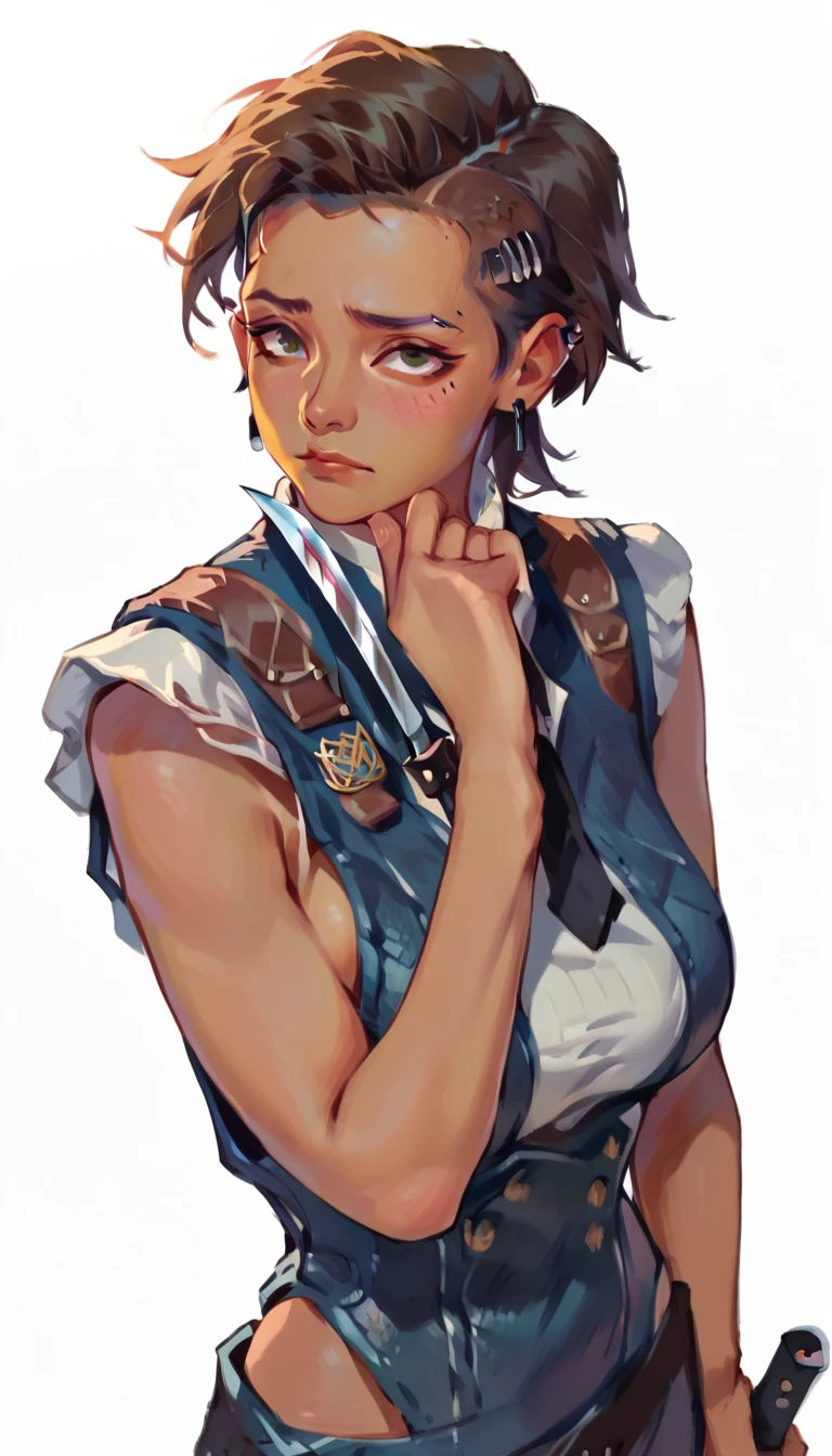 score_9, score_8_up, score_7_up, 1girl, smudgy, traditional art, liu2, brush texture, big breasts, brown skin, facing viewer, virgin killer armored vest, side boob, white background, ear piece for communication, shy, one hand on hips, exposed sides, hand knife in her hand one hand down straight while holding knife ,tomboy hair cut