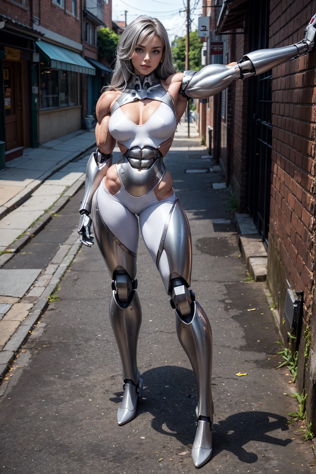 (Muscular:1.8), (thick thighs:1), (large round breasts:1), (large muscular chest and shoulders:1.4), FEMALE, brown hair, long brown hair, (big smile:0), (tight mecha arm, tall cute silver cyborg:1.5), looking at viewer, (three quarter view:1.3), upper body view, (sidewalk:1.5), dark lighting, detailed skin, detailed eyes, (dark skin:1.), (very thin waist:1.7), (huge round muscles:1.5), (one protagonist:1.5), (tall:2.1), (pose:1.6),