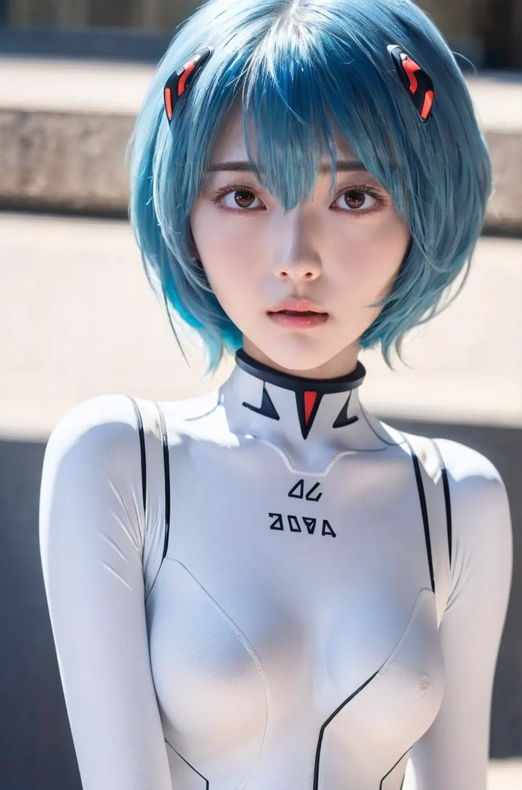 ((One Girl:1.4)),(masterpiece, Highest quality), ayanami,Plug Suit, Bodysuits, Interface Headset, white Bodysuits, Are standing,(((Looking into the camera))),Blue Hair、Berry Short、