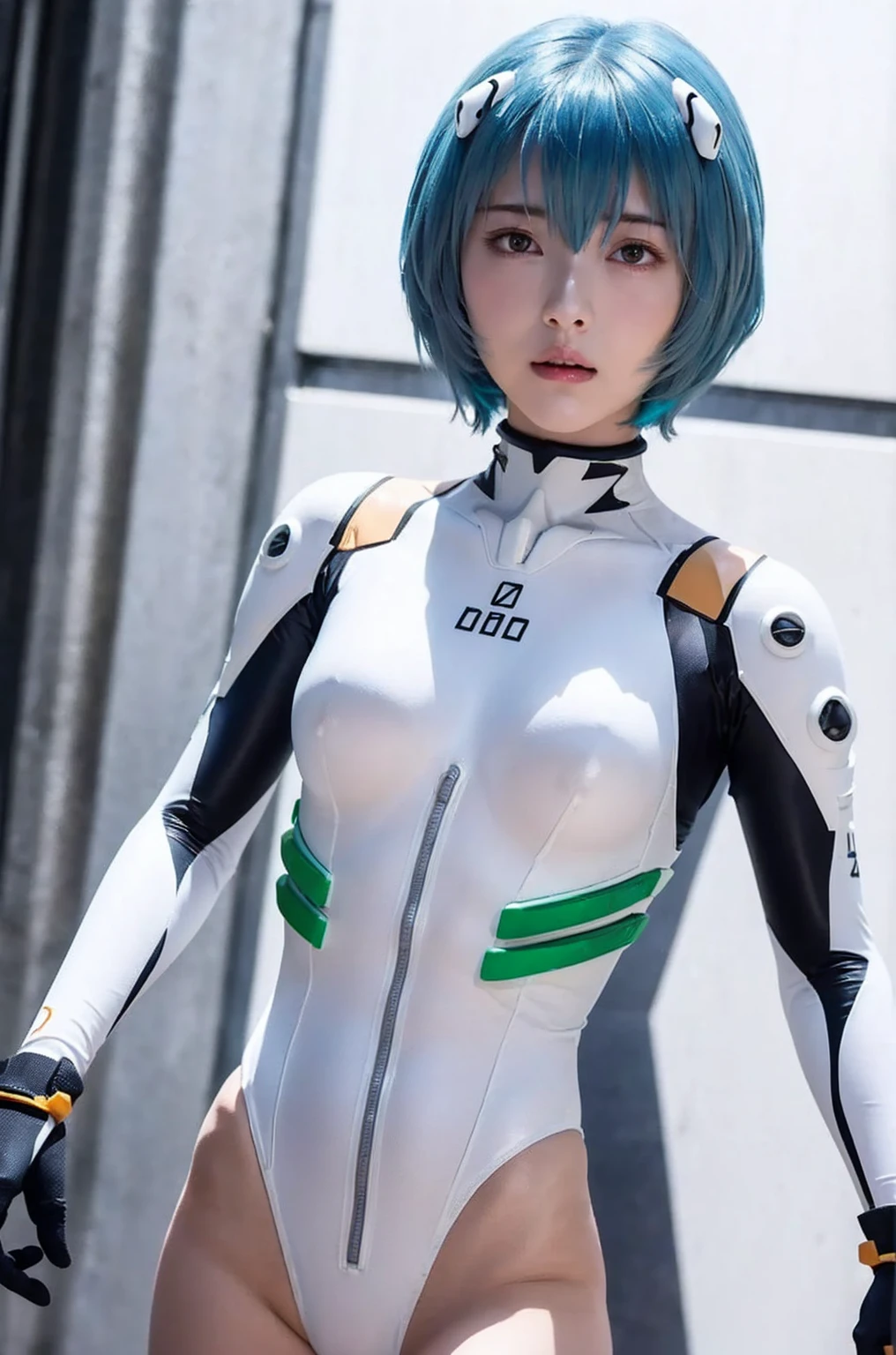 ((One Girl:1.4)),(masterpiece, Highest quality), ayanami,Plug Suit, Bodysuits, Interface Headset, white Bodysuits, Are standing,(((Looking into the camera))),Blue Hair、Berry Short、