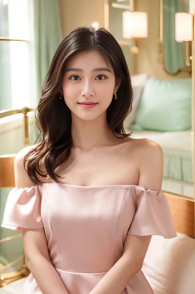 (A woman wearing an off-the-shoulder dress staring)、Very beautiful woman、Japan woman at 21 years old、(Highest quality、high resolution、High resolution、High definition、masterpiece、16K:1.2)、(whole body:1.3)、In the lounge of a luxury hotel、Marble floor、Luxurious chandelier、((Nikon Z9 NIKKOR Z 50mm f/1.2 S 50mm F/11 1/40secs))、(RAW Photos、Photos like the real thing、Clear photos:1.1)、Perfect proportions、8th life、Long legs、Detailed face and eyes、Dark brown eyes、Lifelike skin texture、A ruddy face、slightly blushing face、Cute Face、Sharp face line、Beautiful feet、Beautiful breasts、Medium breast、Narrow waist、Glossy lips、Beautiful clavicle、Beautiful décolleté line、Semi-long hair、slightly wavy black hair、Beautiful hair with luster、Female college student、Pastel Dresses、Slit dress、High heels、With a refreshing smile、
