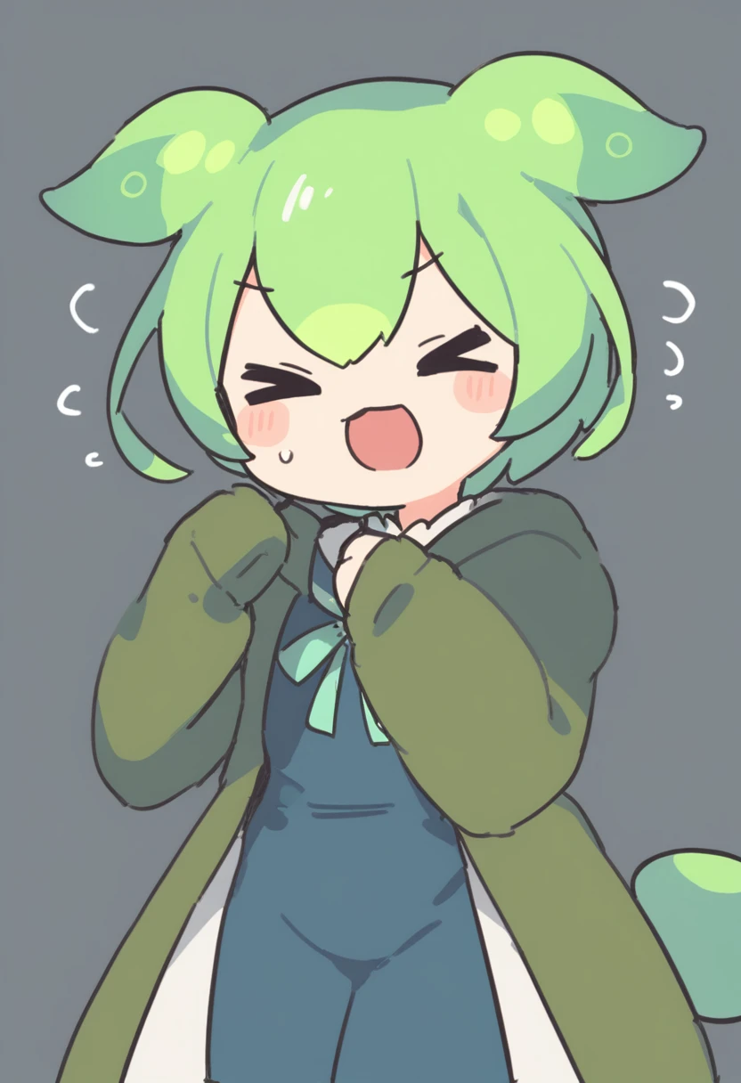 One girl,Zundamon,Voice Box ,Green Hair, Funny Face,Simple white background、No text